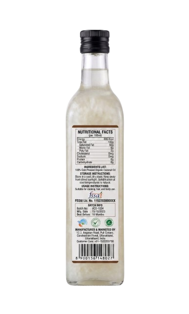 The back of a clear glass bottle containing clear liquid, with a black cap and a detailed white ingredient label, shown against a plain white background.