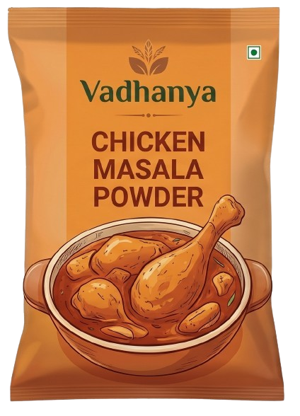Vadhanya Chicken Masala Powder in an orange-brown resealable pouch with a bowl illustration of cooked chicken on the front.
