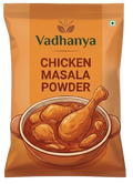 Vadhanya Chicken Masala Powder in an orange-brown resealable pouch with a bowl illustration of cooked chicken on the front.