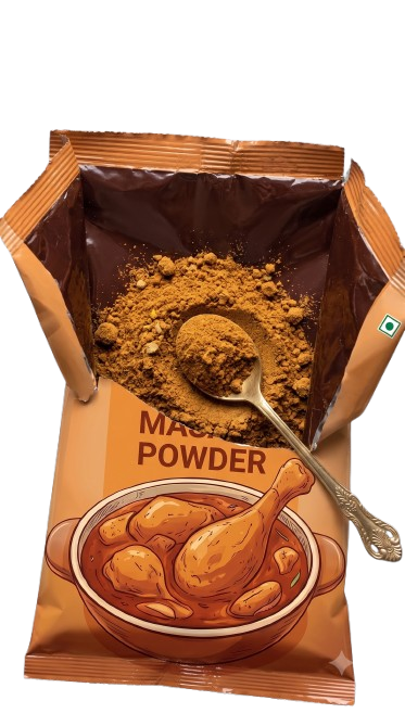 A bag of Masala Powder with the packaging opened to show the golden-brown spice mix inside, with a spoon holding some of the powder. The packaging is brown and orange with an illustration of a chicken curry bowl.