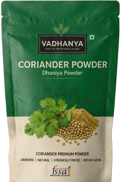 Vadhanya Coriander Powder Dhaniya Powder in a green and beige resealable stand-up pouch with a coriander leaf and coriander seeds illustration on the front, and an FSSAI logo at the bottom.