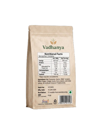 A stand-up pouch of Vadhanya brand food product shown from the back, featuring a nutrition facts label, ingredients list, and barcode on a plain white background.