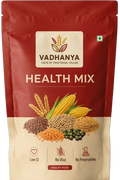 Vadhanya sathu maavu  Mix in a red and beige stand-up pouch, featuring illustrations of grains, corn, lentils, and green beans, with text highlighting low GI, no rice, and no preservatives.