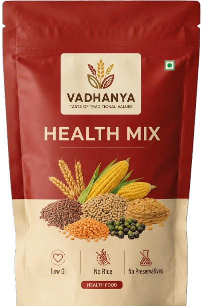 Vadhanya sathu maavu  Mix in a red and beige stand-up pouch, featuring illustrations of grains, corn, lentils, and green beans, with text highlighting low GI, no rice, and no preservatives.